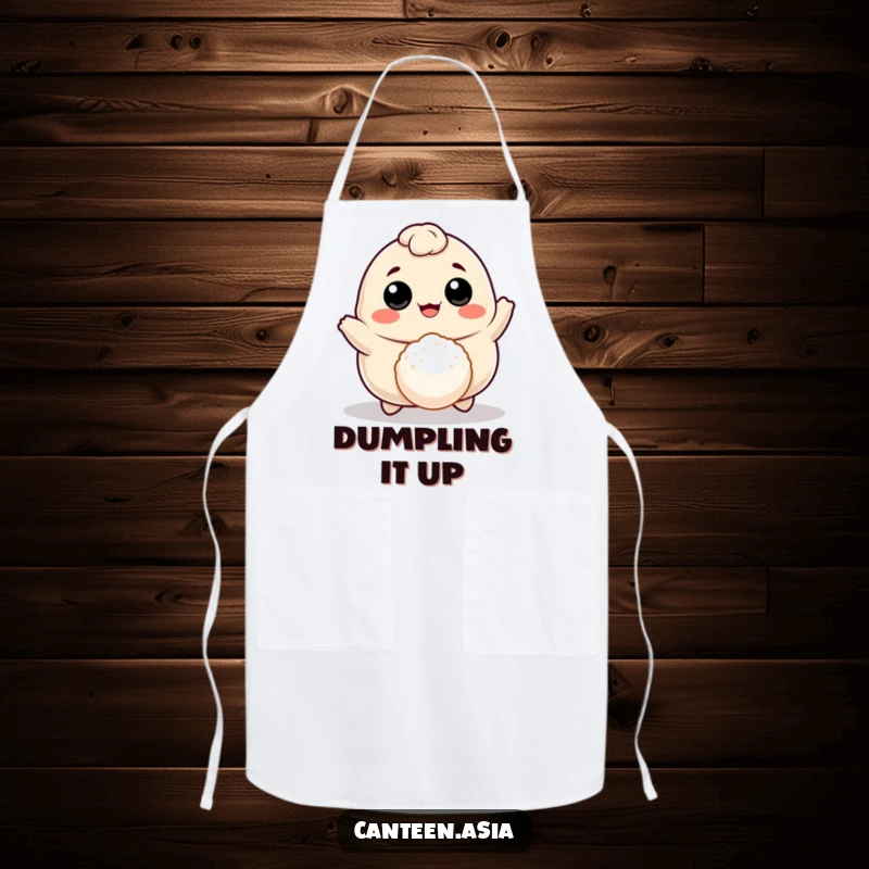 Funny cheerful dumpling with eyes and mouth bouncing a tiny rice ball, a charming and humorous apron for cooking.