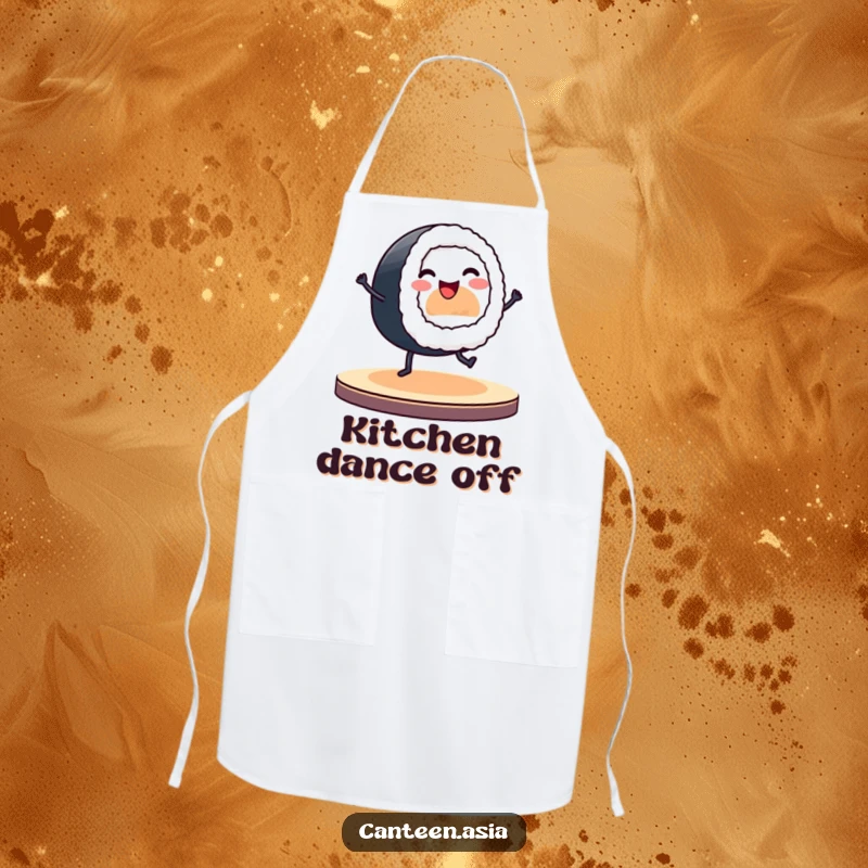Funny apron depicting a smiling sushi roll with tiny legs dancing on a stage in a kitchen.