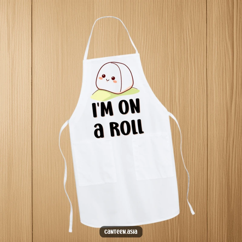 Funny onigiri apron with a smiling onigiri with a happy face rolling down a gentle slope.