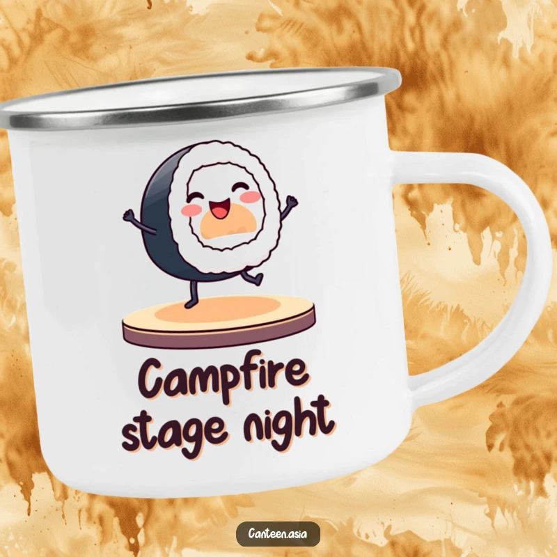 Funny camping mug showing a smiling sushi roll with tiny legs dancing on a stage.