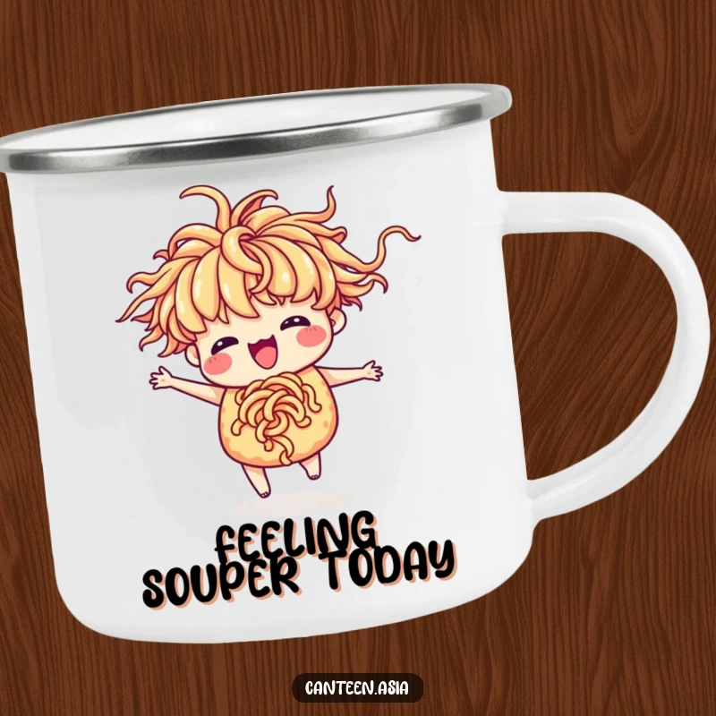 Funny ramen camping mug featuring a delighted ramen with noodle hair doing a lively silly dance.