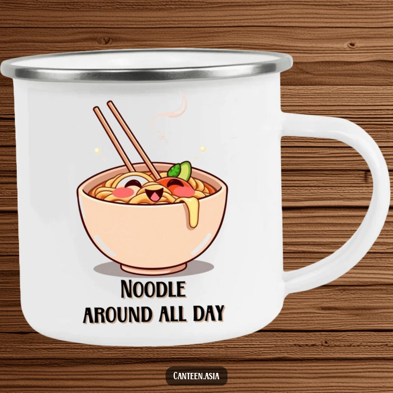 Funny Camping Mug: A steaming ramen bowl with a playful grin, perfect for enjoying hot drinks in the great outdoors.
