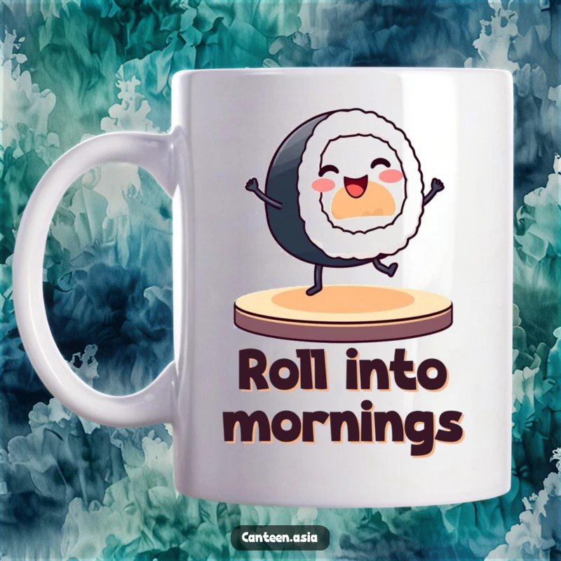 Funny mug featuring a smiling sushi roll with tiny legs energetically dancing on a colorful stage.
