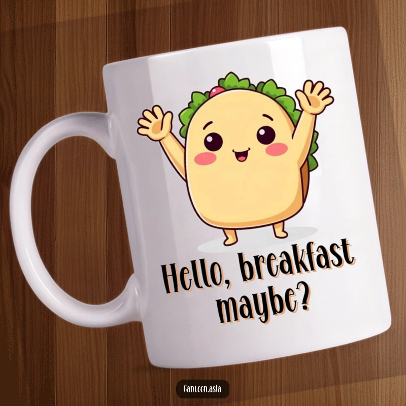Funny Mug: A joyous taco with welcoming arms waves hello, bringing cheerful vibes to your morning coffee or tea.