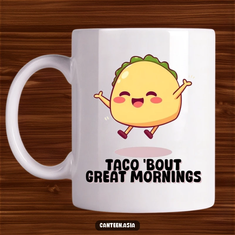 Funny taco mug with a grinning taco with legs mid-jump, showcasing playful energy and a love for humor.