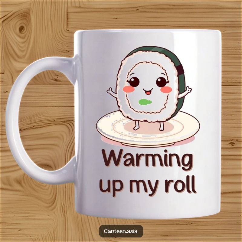 Funny smiling sushi roll with tiny legs doing a happy dance on a plate, captured on a cheerful mug.