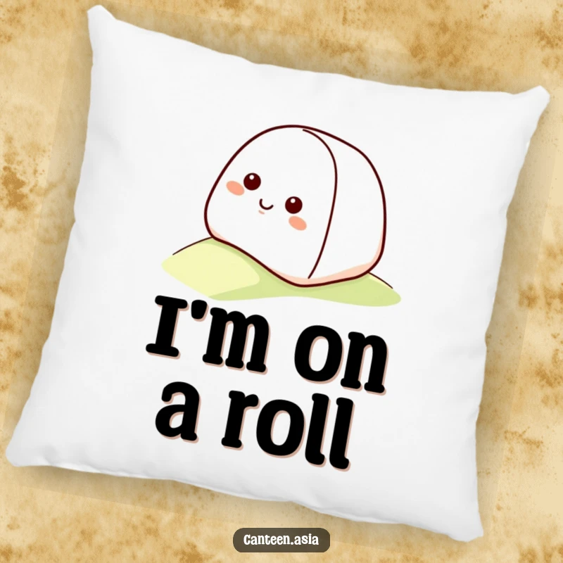 Funny onigiri pillow featuring a smiling onigiri with a happy face rolling down a gentle slope.