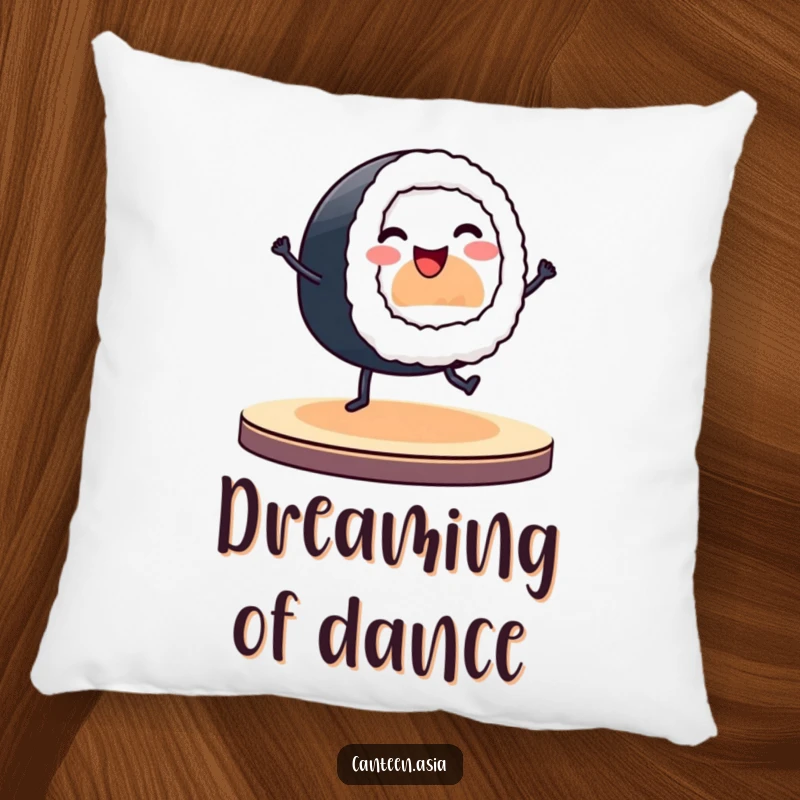 Funny pillow with a smiling sushi roll and tiny legs dancing energetically on a stage, soft and cuddly.