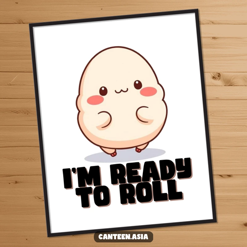 Funny Digital Art: A dumpling with tiny legs mid-hop, radiating cheerful, energetic, and fun vibes to your space.