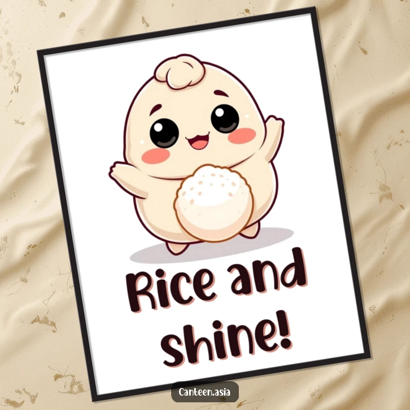Funny cheerful dumpling with eyes and mouth joyfully bouncing a tiny rice ball, high-resolution digital art for humorous decor.