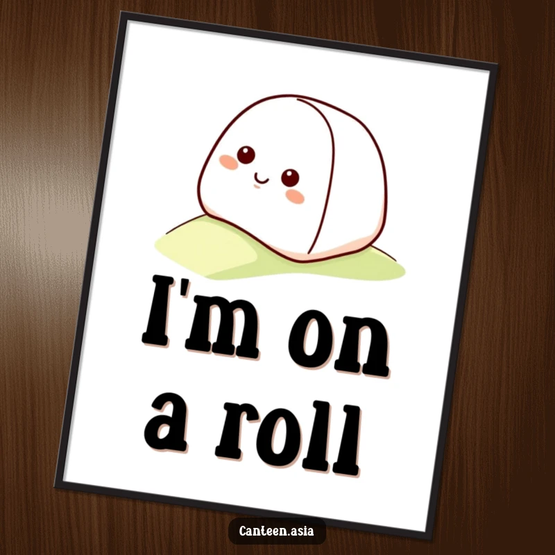 Funny onigiri digital art print of a smiling onigiri with a happy face rolling down a gentle slope.