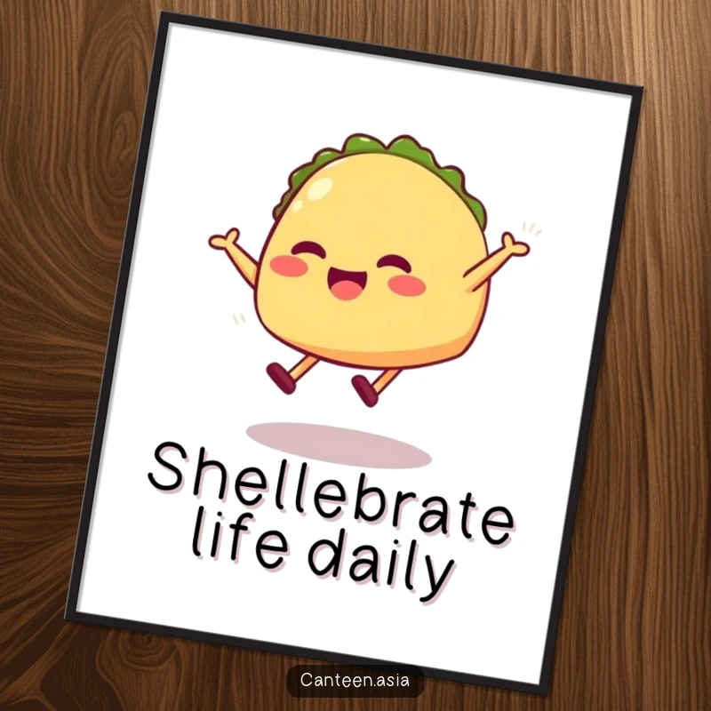 Funny taco digital art print of a grinning taco with small legs performing an energetic, playful jump.