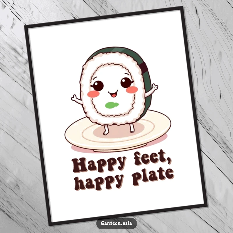 Funny smiling sushi roll with tiny legs dancing on a plate, high-resolution digital art for humorous decor.