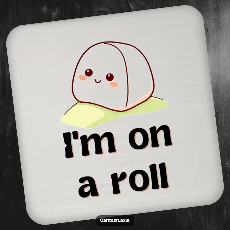 Funny onigiri coasters with a smiling onigiri with a happy face rolling down a gentle slope.