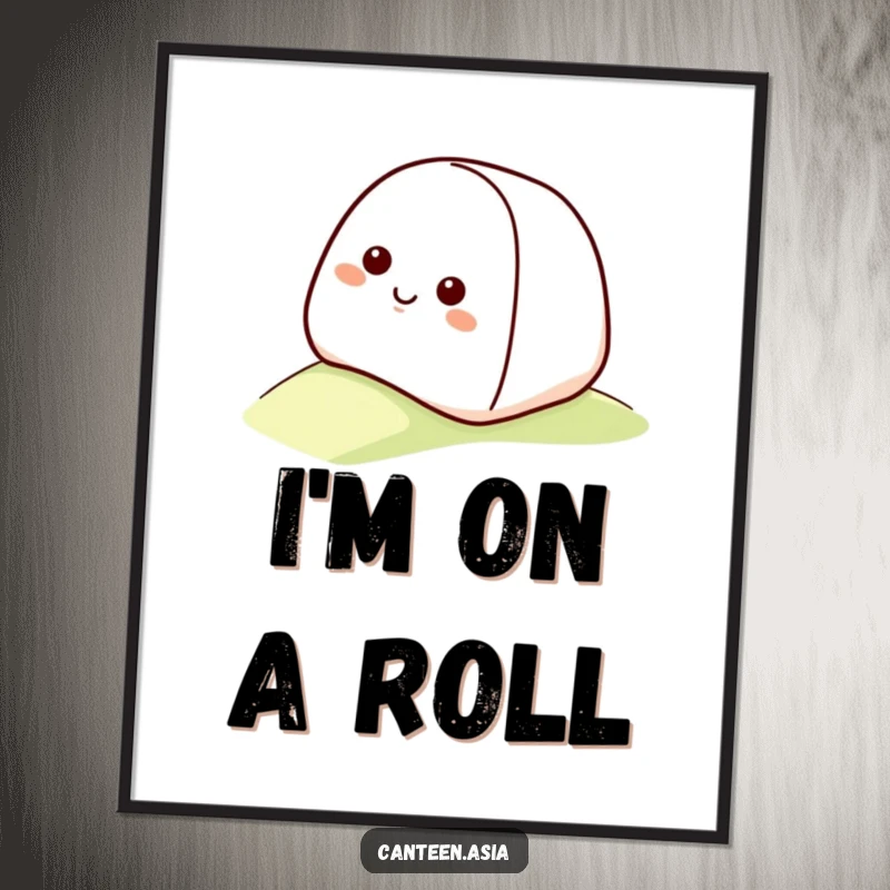 Funny onigiri poster with a smiling onigiri with a happy face rolling down a gentle slope.