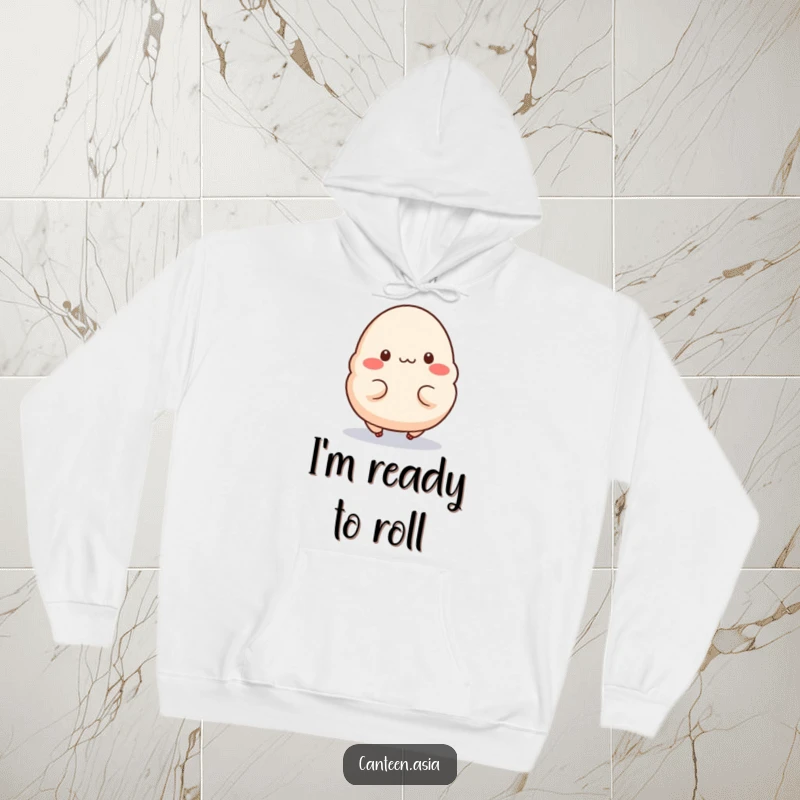 Funny Hoodie: A content dumpling with small legs hopping happily, offering a warm and joyful embrace.