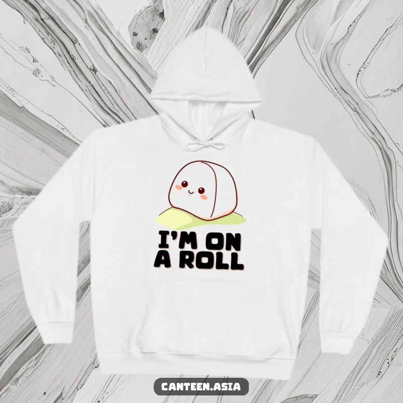 Funny onigiri hoodie with a smiling onigiri with a happy face rolling down a gentle slope.