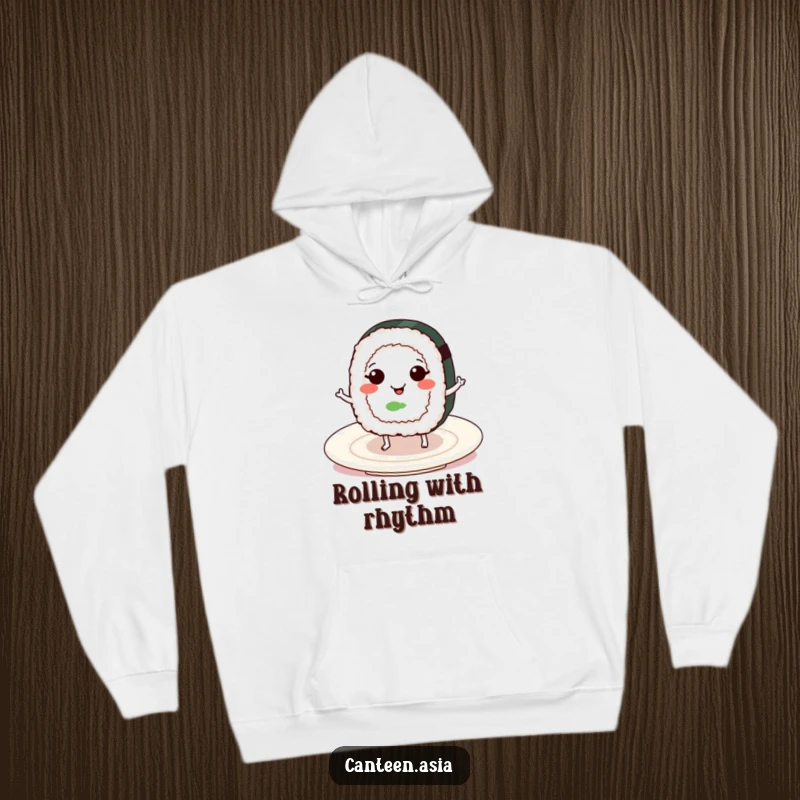 Funny sushi roll with tiny legs dancing happily on a plate, designed for a warm and humorous hoodie.