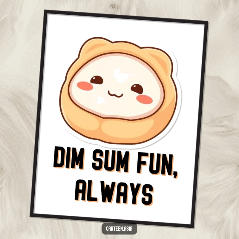 Funny Free Printable Wall Art: A wobbly piece of dim sum with dot eyes smiling, a charming food art.
