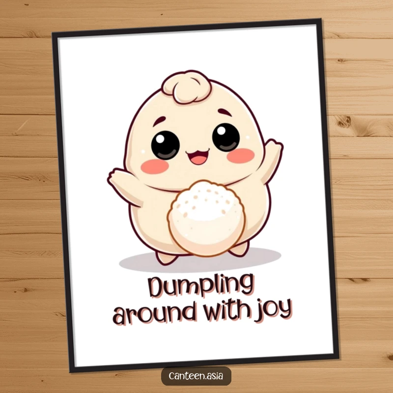 Funny free printable wall art: A cheerful dumpling with eyes and mouth joyfully bouncing a tiny rice ball, looking full of life.
