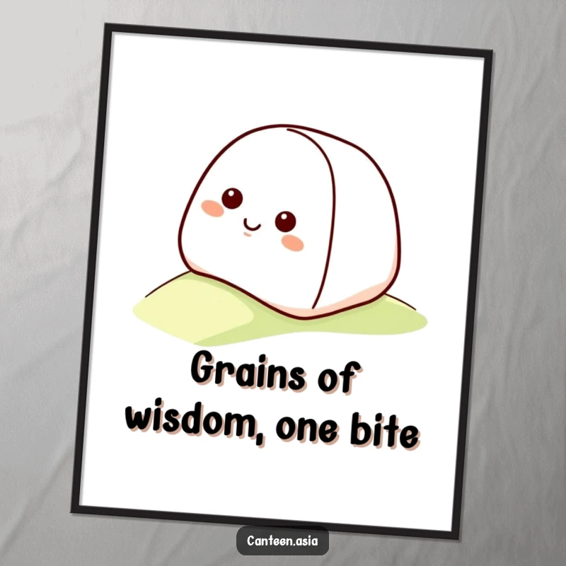 Funny free printable wall art: a smiling onigiri with a cheerful face captured in the motion of rolling down a gentle hill.