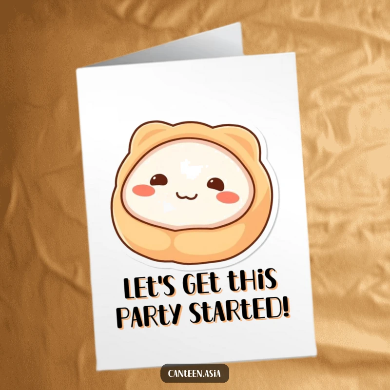 Funny Free Printable Birthday Card: A wobbly piece of dim sum with dot eyes smiling a happy birthday.