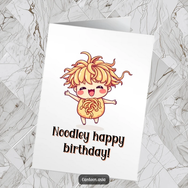Funny free printable birthday card: a happy ramen bowl with noodle hair doing a whimsical silly dance.