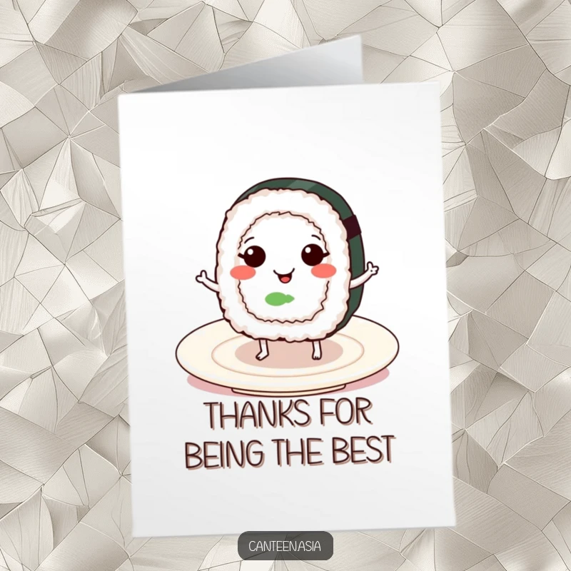 Funny free printable thank you card: A smiling sushi roll with tiny legs dancing happily on a plate, conveying thanks.