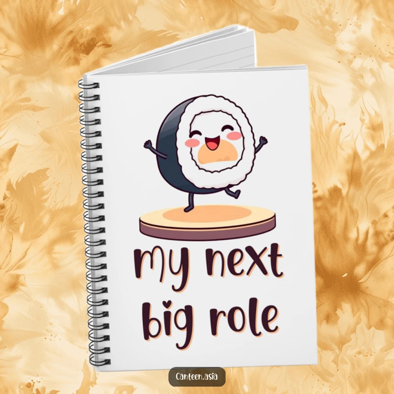 Funny notebook cover with a smiling sushi roll and tiny legs dancing on a stage.
