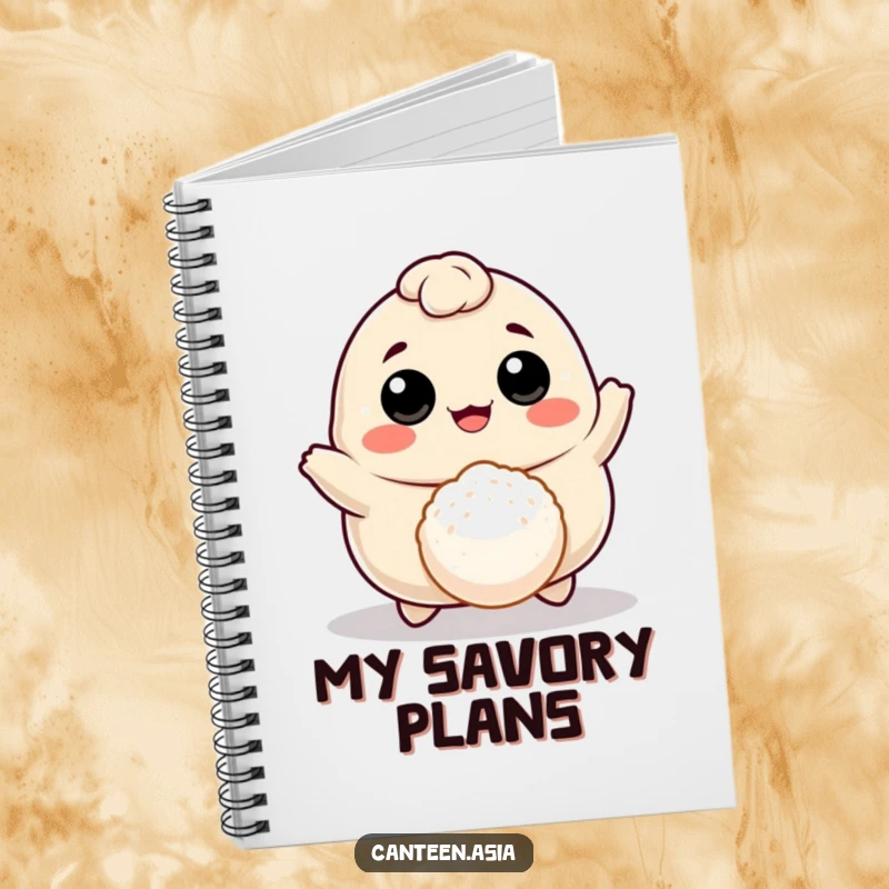 Funny cheerful dumpling with eyes and mouth bouncing a tiny rice ball, a cute and humorous notebook for capturing thoughts.