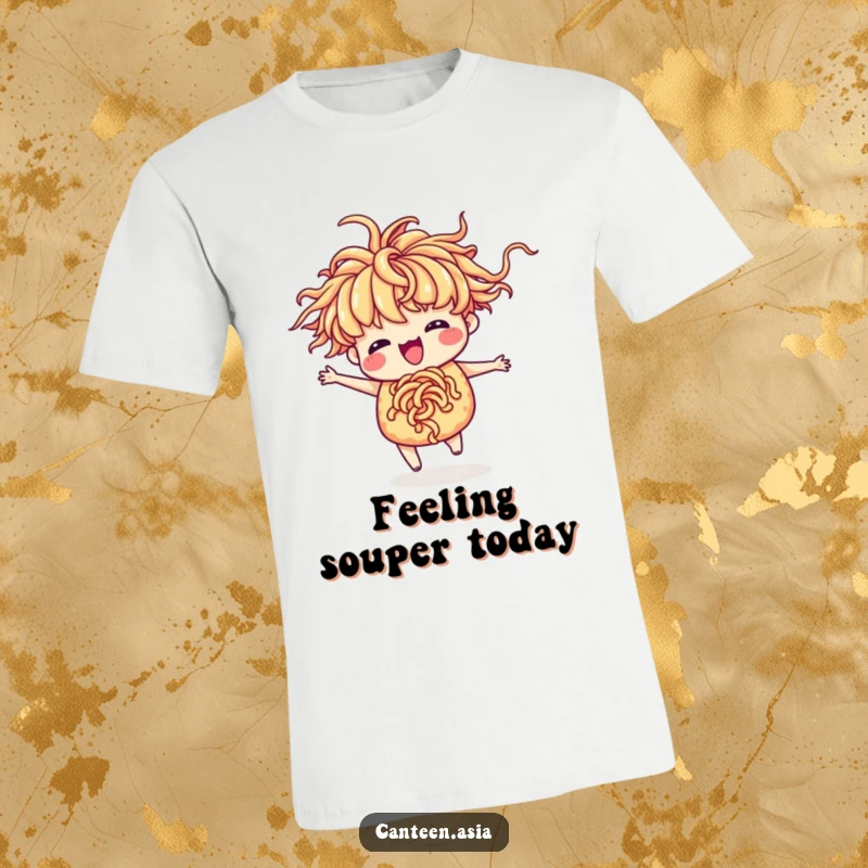 Funny ramen t-shirt depicting a delighted piece of ramen with noodle hair in a silly dance pose.