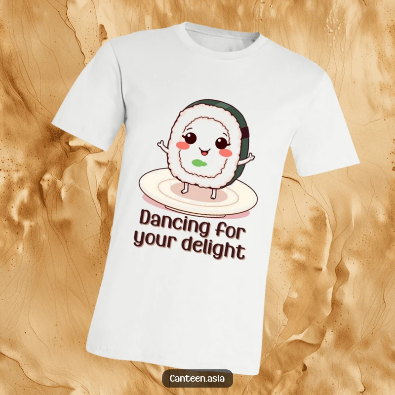 Funny smiling sushi roll with tiny legs joyfully dancing on a plate, featured on a fun and humorous t-shirt.