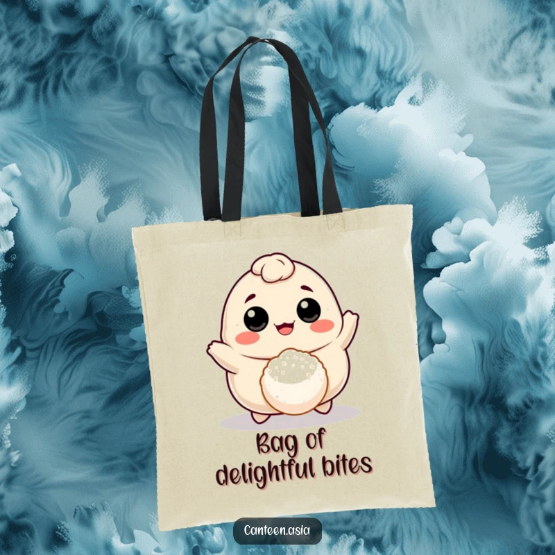 Funny cheerful dumpling with eyes and mouth bouncing a rice ball, a durable and humorous tote bag.