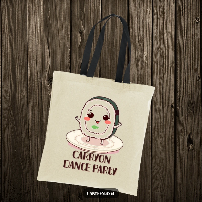 Funny smiling sushi roll with tiny legs dancing on a plate, a durable and humorous tote bag.